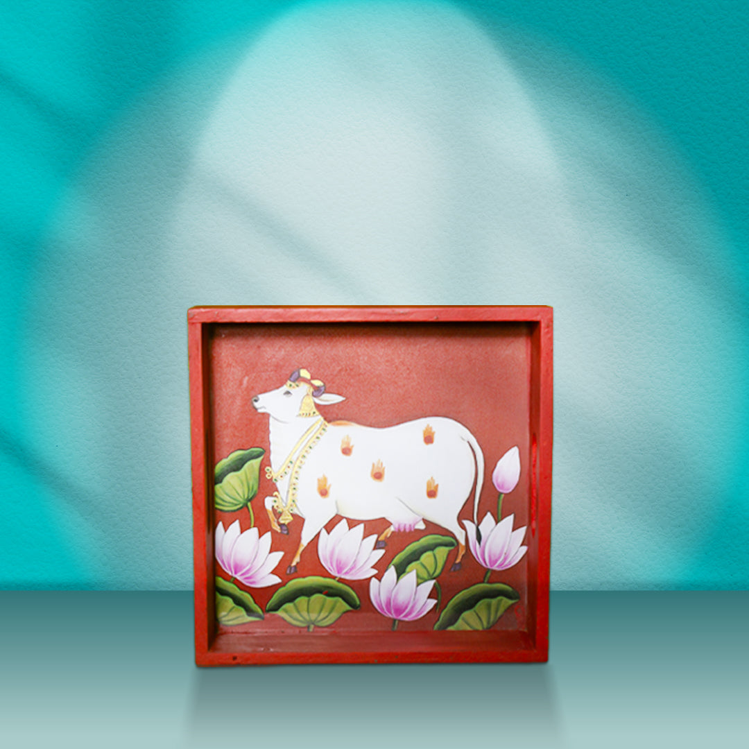 Handcrafted Wooden Square Tray with Sacred Cow & Lotus Motif – 6 x 6 Inches
