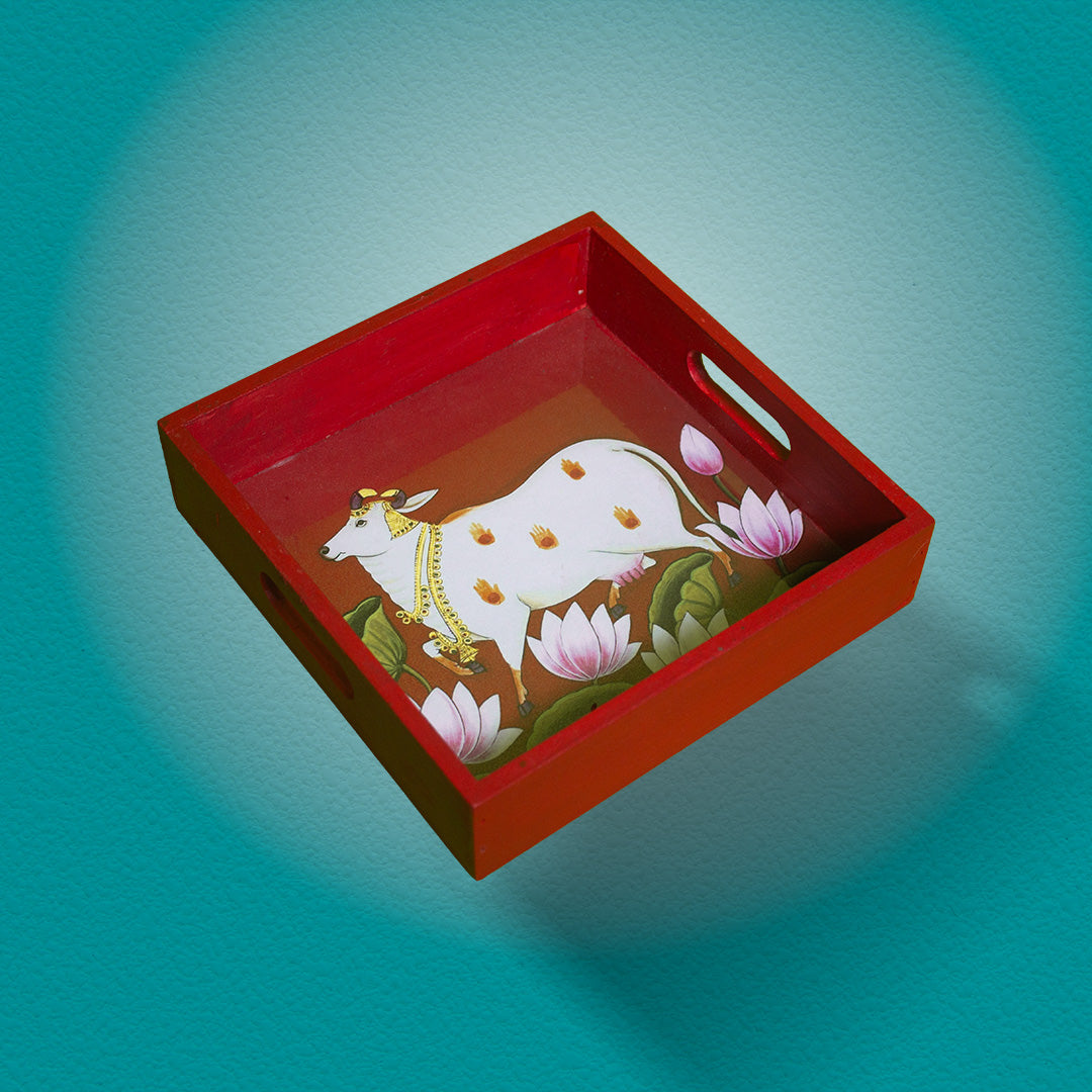 Handcrafted Wooden Square Tray with Sacred Cow & Lotus Motif – 6 x 6 Inches
