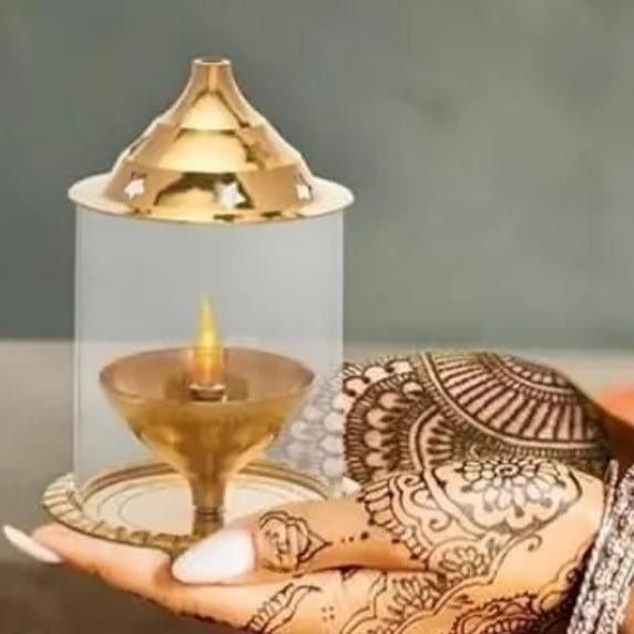 Brass Akhand Diya with Borosilicate Glass for Puja Home Temple Oil Lamp Tea Holder