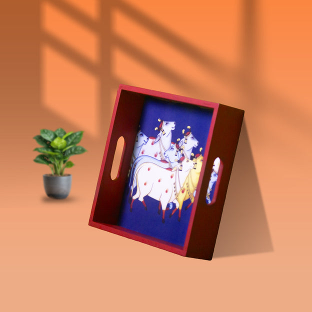 Handcrafted Wooden Square Tray with Sacred Kamadhenu Cow Motif – 6 x 6 Inches