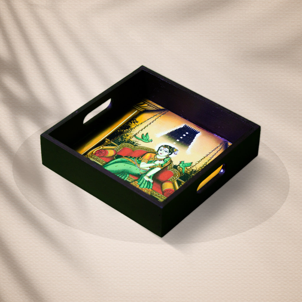 Handcrafted Wooden Square Tray with Traditional Goddess on Swing Artwork – 6 x 6 Inches