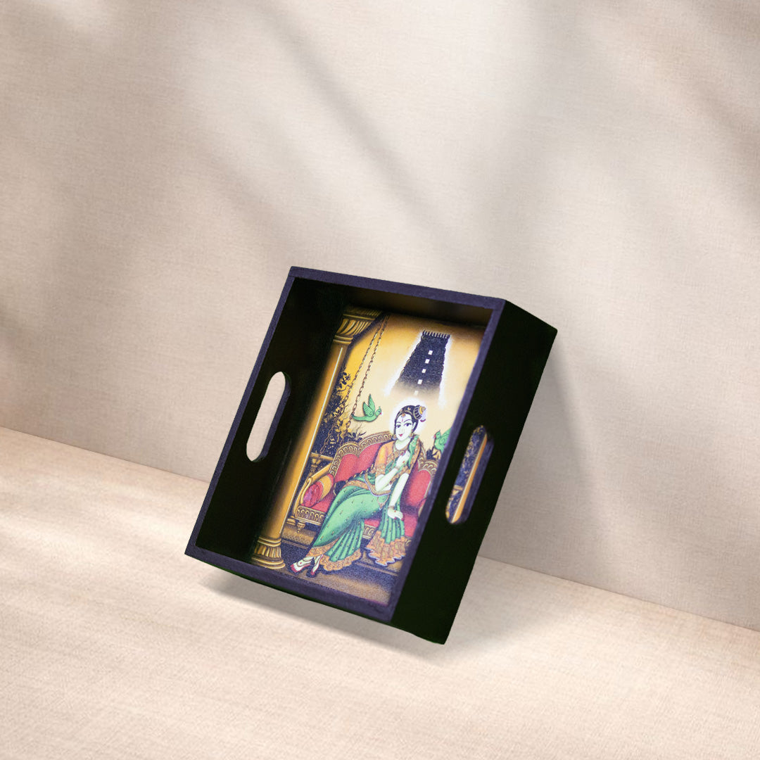 Handcrafted Wooden Square Tray with Traditional Goddess on Swing Artwork – 6 x 6 Inches