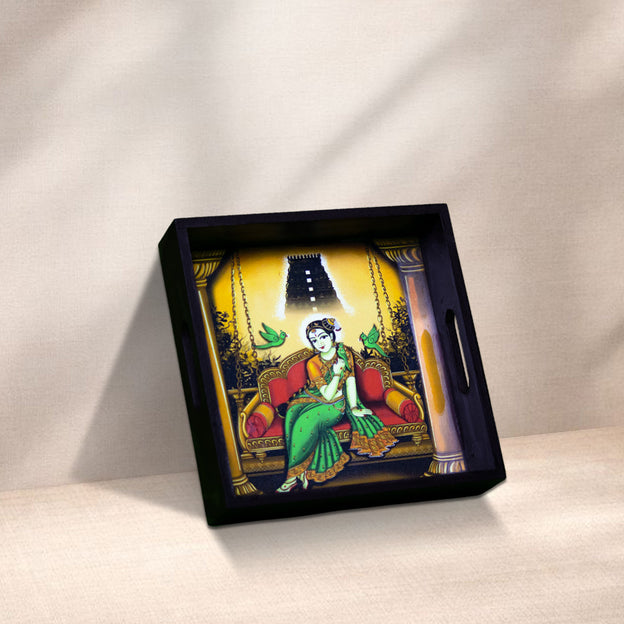 Handcrafted Wooden Square Tray with Traditional Goddess on Swing Artwork – 6 x 6 Inches