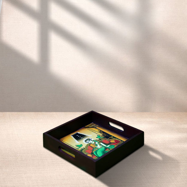 Handcrafted Wooden Square Tray with Traditional Goddess on Swing Artwork – 6 x 6 Inches