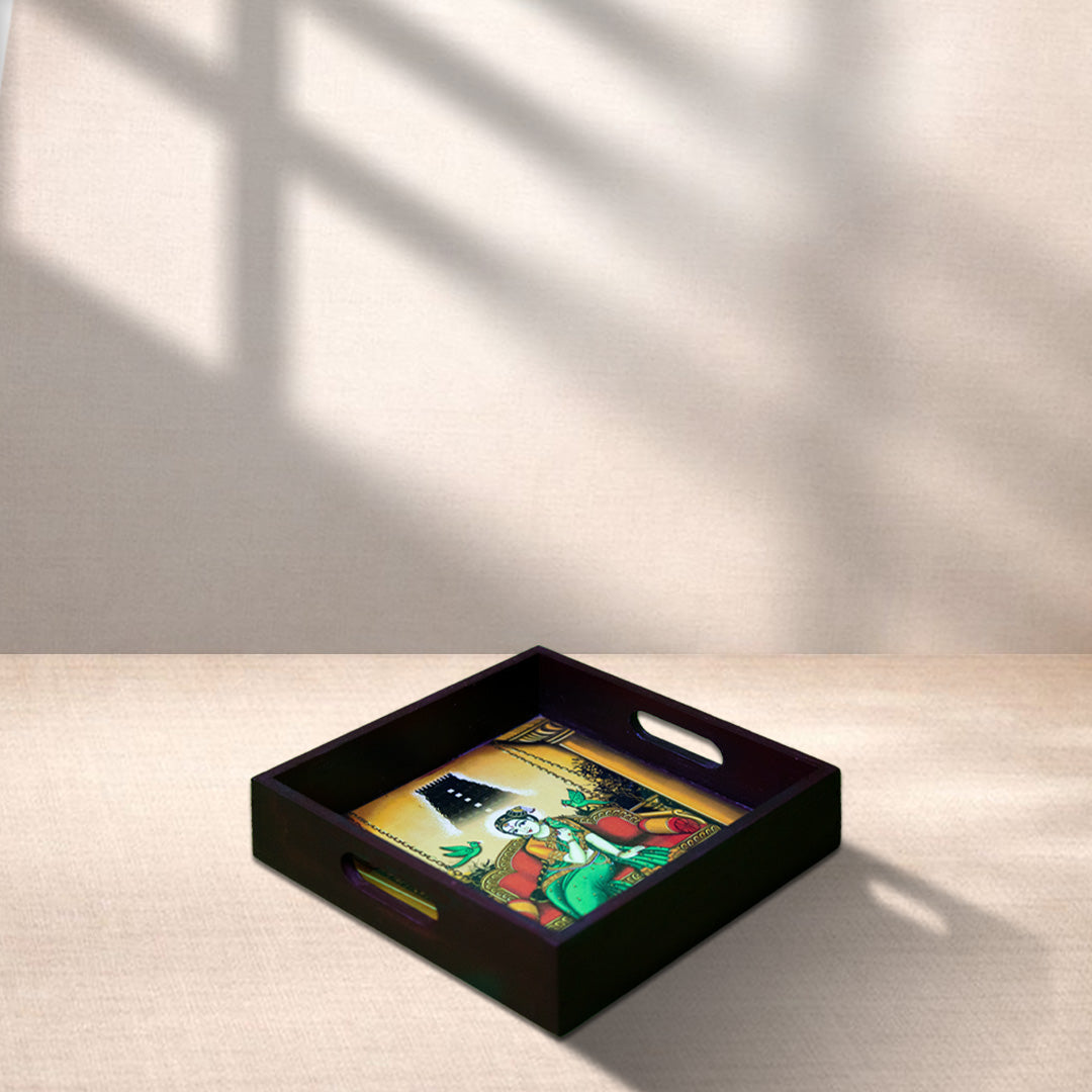Handcrafted Wooden Square Tray with Traditional Goddess on Swing Artwork – 6 x 6 Inches