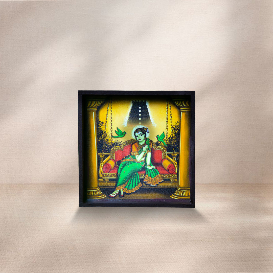 Handcrafted Wooden Square Tray with Traditional Goddess on Swing Artwork – 6 x 6 Inches