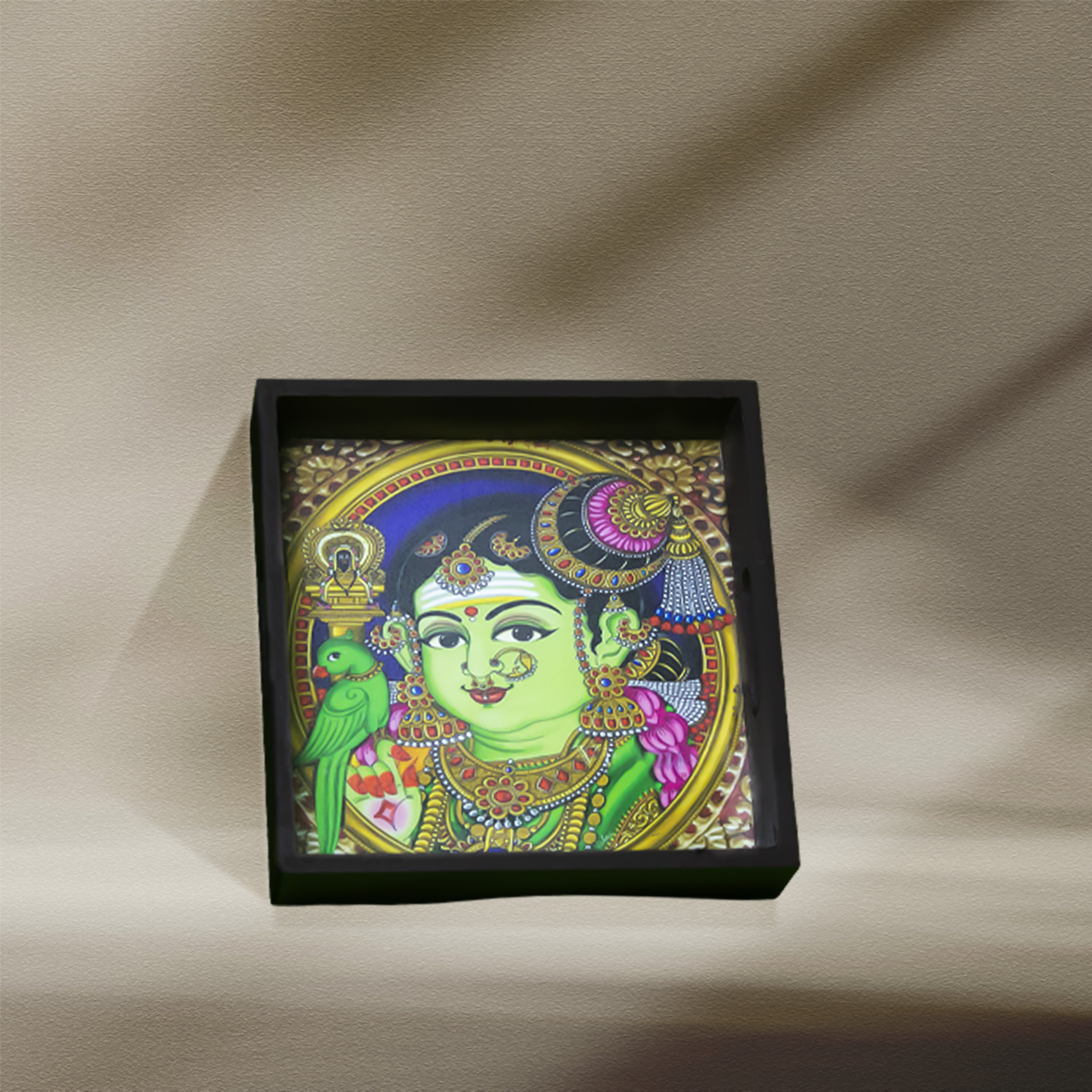 Handcrafted Wooden Square Tray with Traditional Goddess Artwork – 6 x 6 Inches