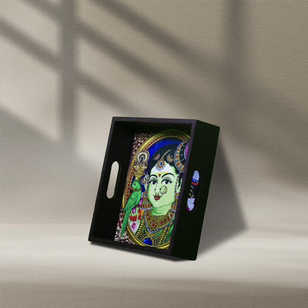 Handcrafted Wooden Square Tray with Traditional Goddess Artwork – 6 x 6 Inches