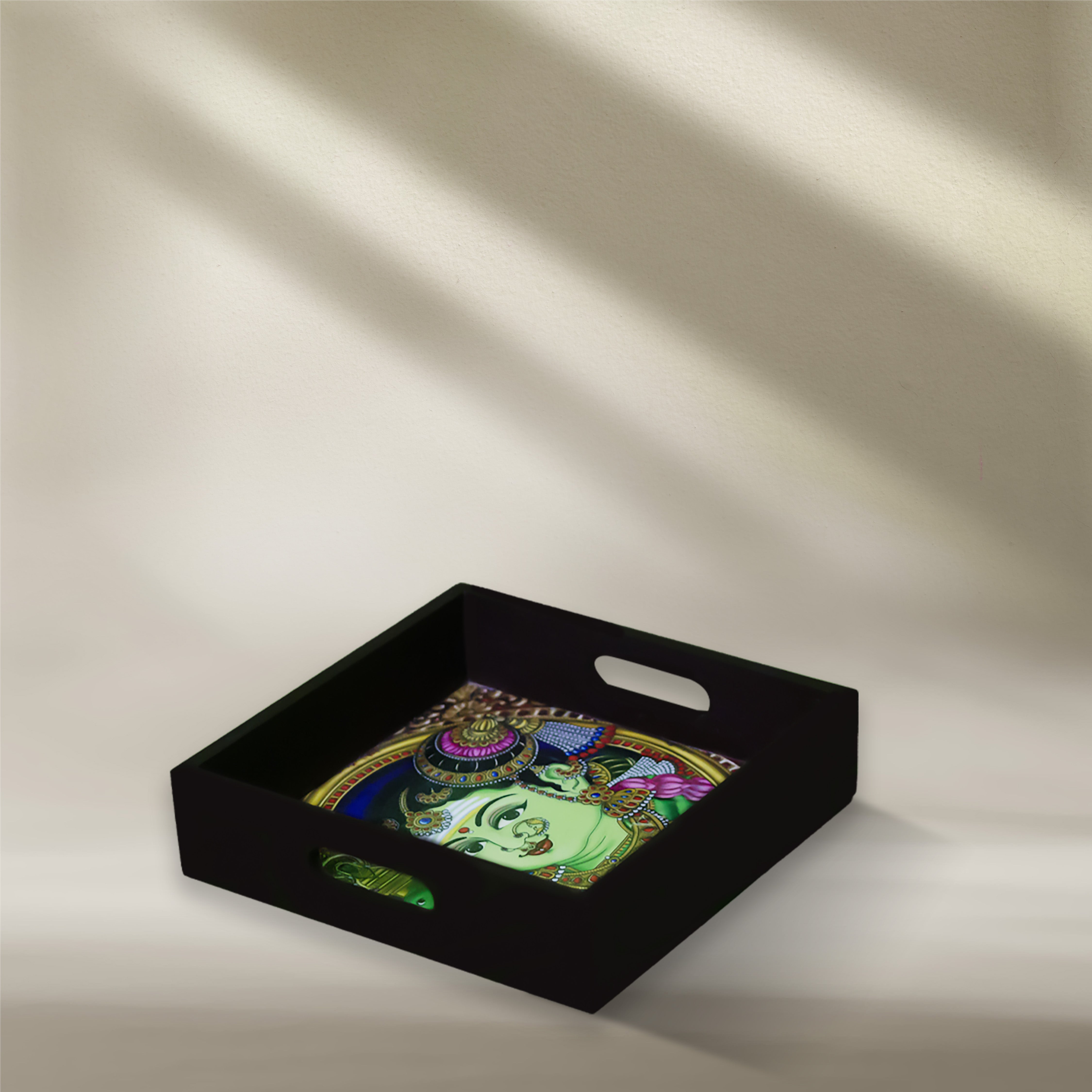 Handcrafted Wooden Square Tray with Traditional Goddess Artwork – 6 x 6 Inches