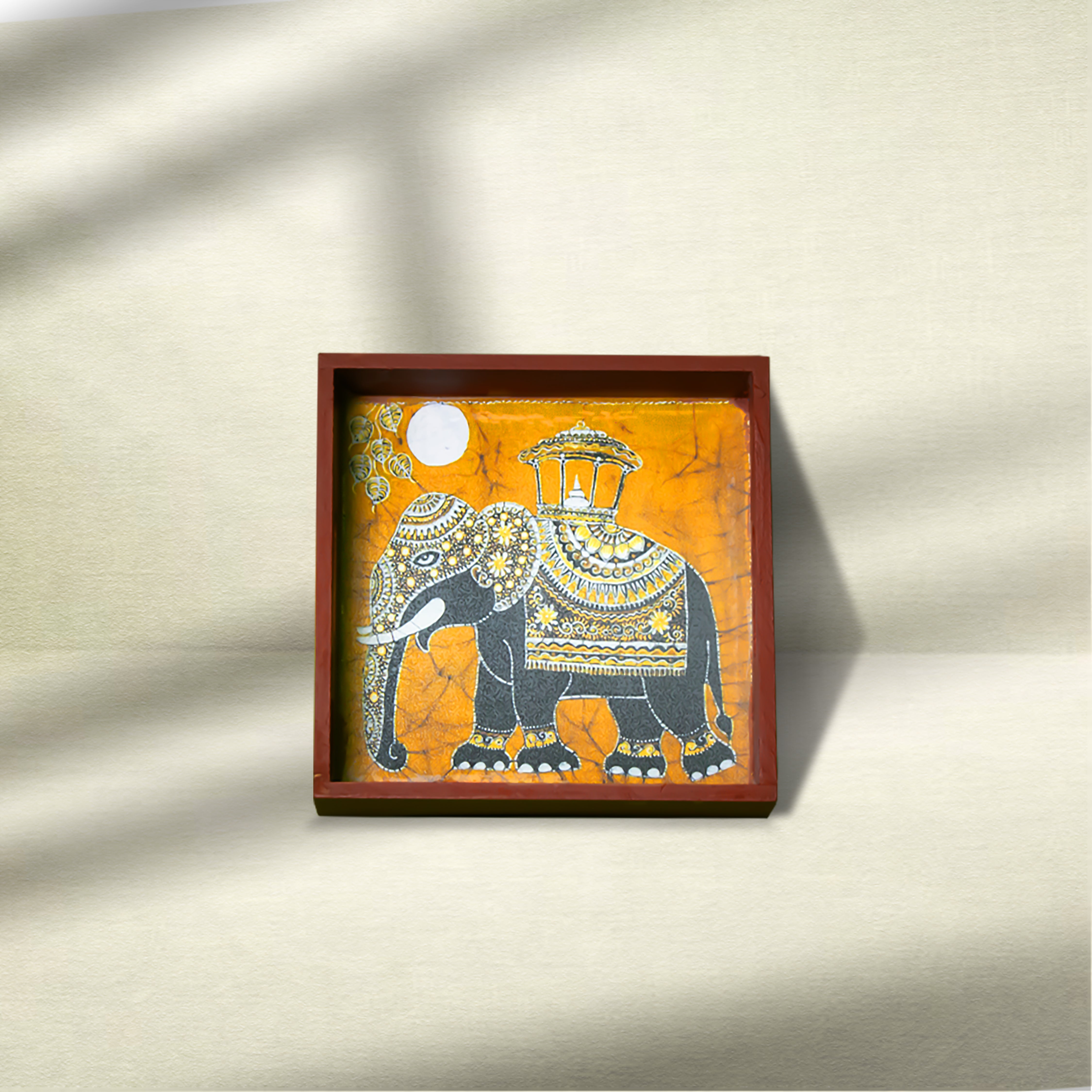 Handcrafted Wooden Square Tray with Traditional Elephant Motif – 6 x 6 Inches