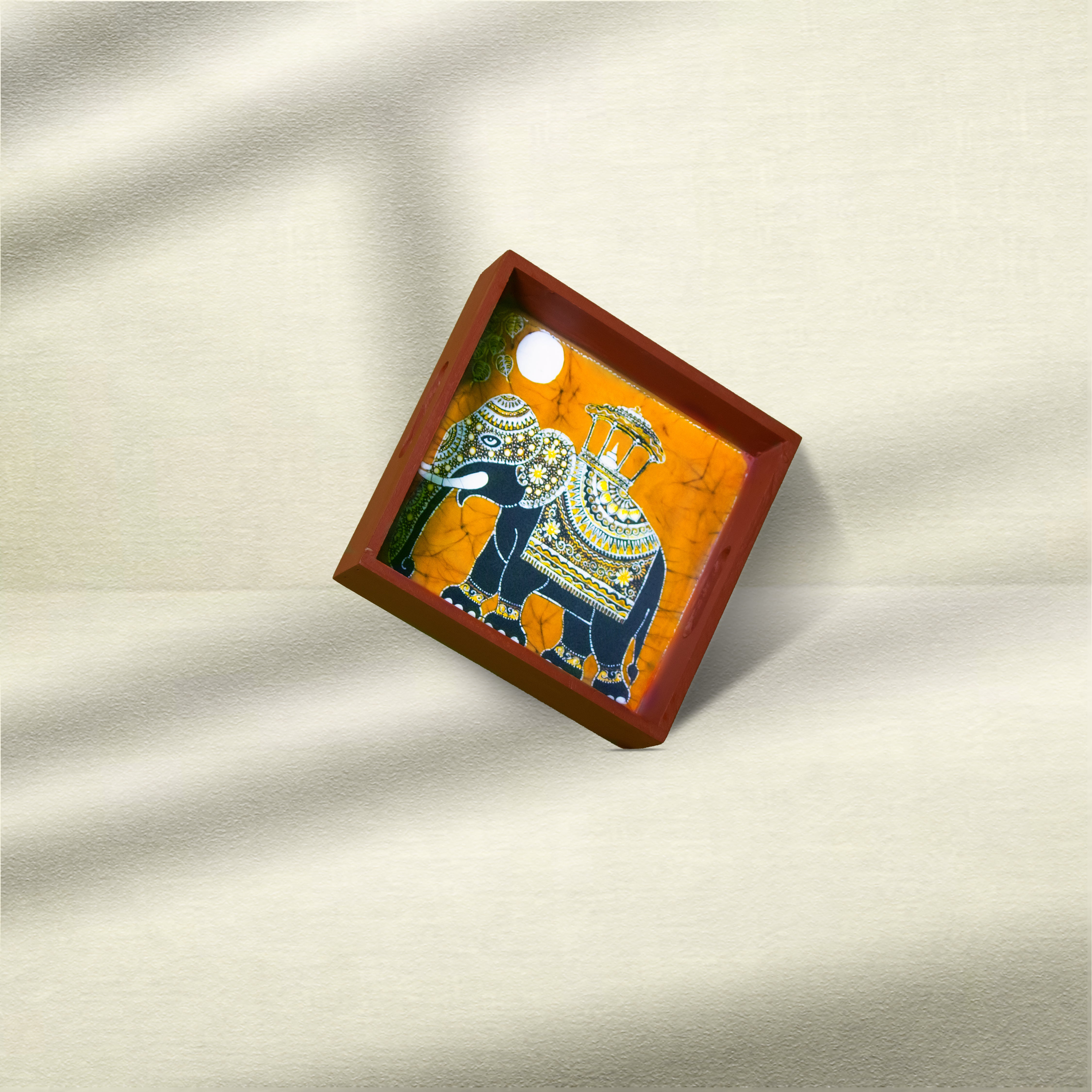 Handcrafted Wooden Square Tray with Traditional Elephant Motif – 6 x 6 Inches
