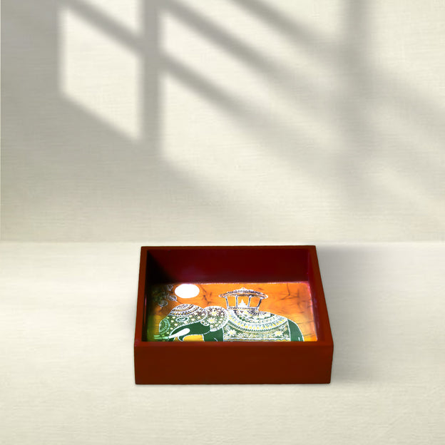 Handcrafted Wooden Square Tray with Traditional Elephant Motif – 6 x 6 Inches