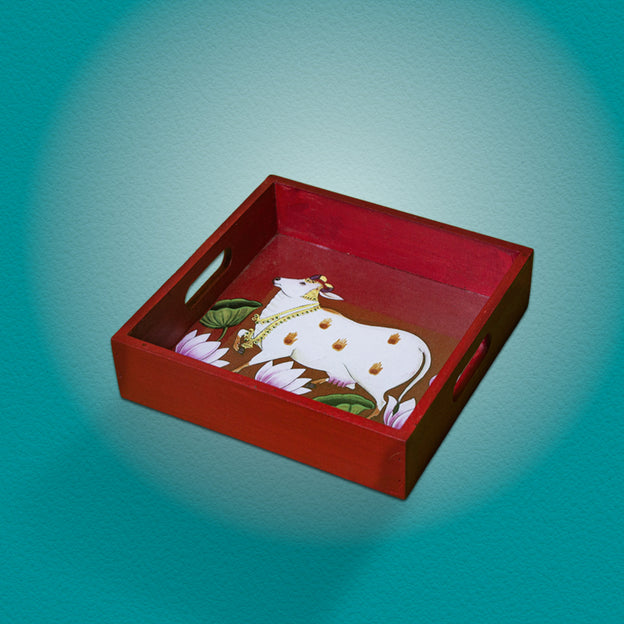 Handcrafted Wooden Square Tray with Sacred Cow & Lotus Motif – 6 x 6 Inches