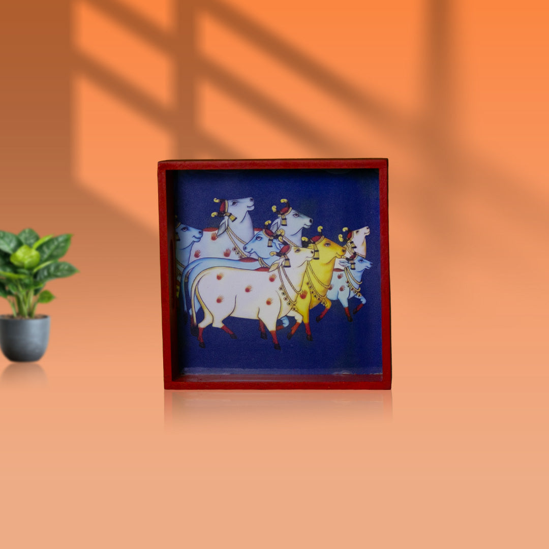 Handcrafted Wooden Square Tray with Sacred Kamadhenu Cow Motif – 6 x 6 Inches